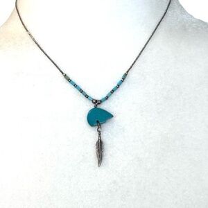 Vintage  Liquid Silver Necklace 16” Turquoise Bear Pendant Feather Sterling 925